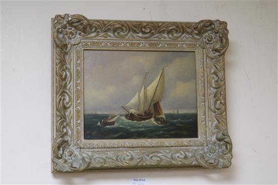 English School, oil on canvas, fishing boat at sea, indistinctly signed, and a lithograph of Liverpool, 18 x 23cm and 36 x 49cm